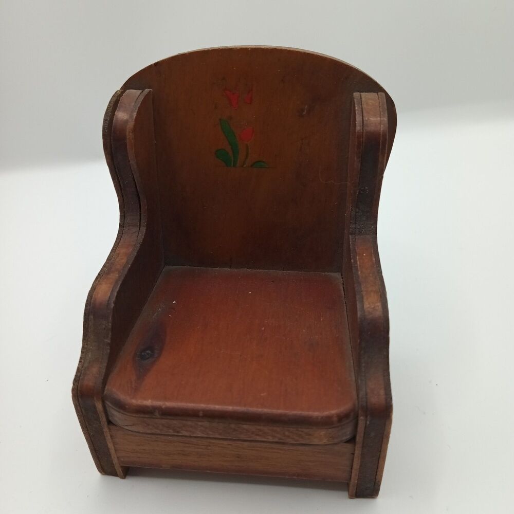 Vtg Handmade Wood Dollhouse Doll Chair With Painted Flowers Primitive